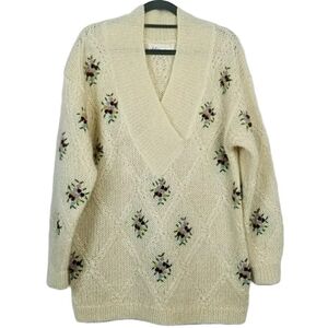 Vintage Oversized floral Wool Mohair V neck sweater sz S